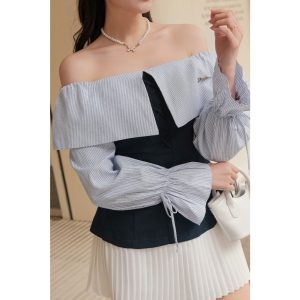 Áo TK trễ vai phối kẻ dài tay-AO05-T2-25