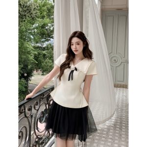 Áo TK cổ V bèo đính nơ-AO02-T1-26