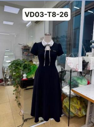 Váy TK cổ đính đá dây nơ kẻ-VD03-T8-26