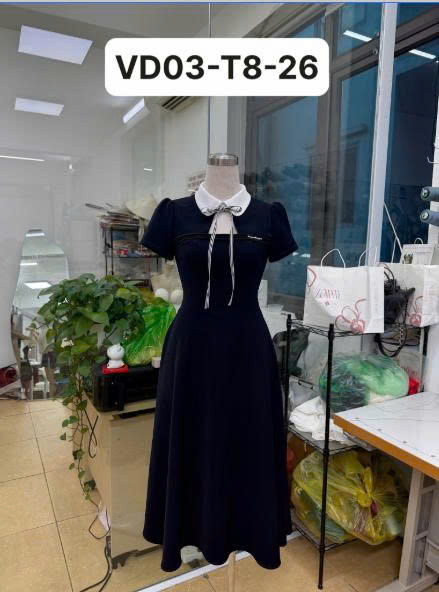 Váy TK cổ đính đá dây nơ kẻ-VD03-T8-26